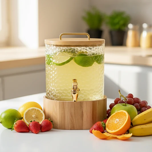 Caron Glass Dispenser with Tap and Wooden Stand 4L Amber Colour – Set of 1 Pc