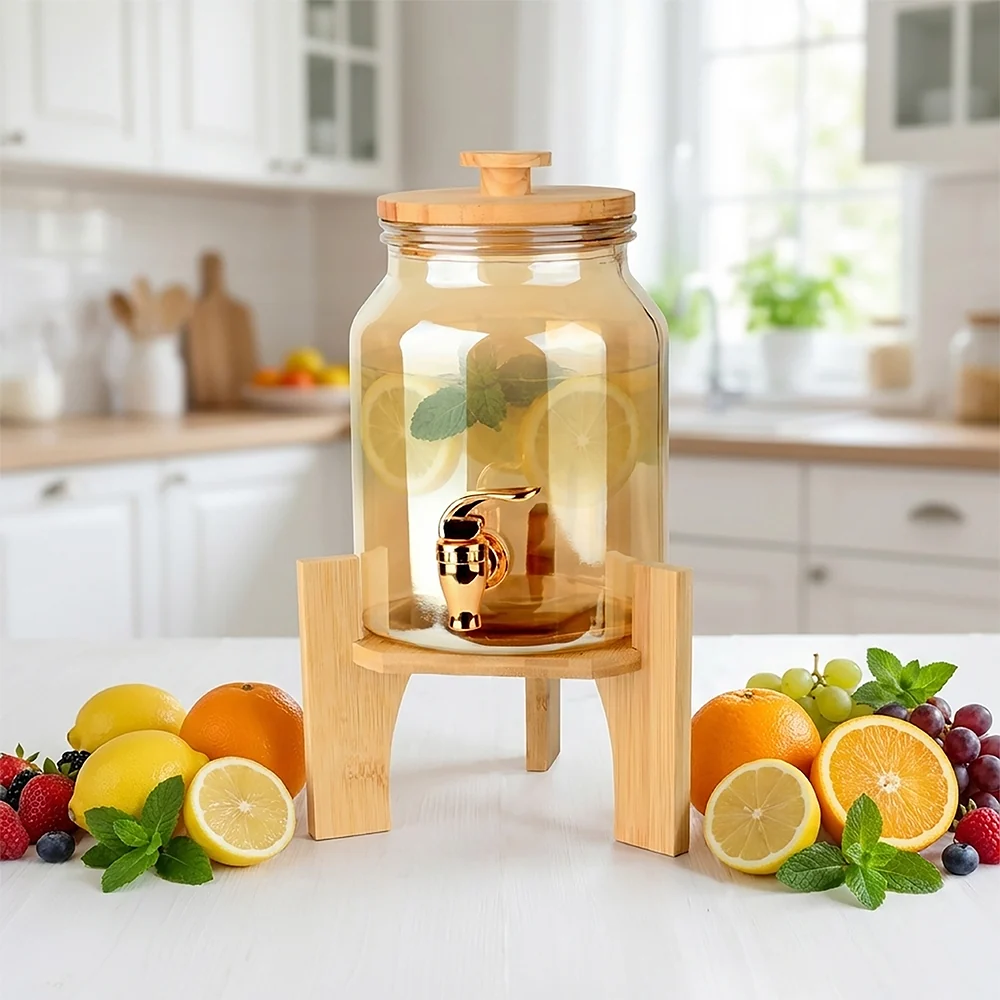 Velar Glass Dispenser with Tap and Wooden Stand 3L Amber Colour – Set of 1 Pc