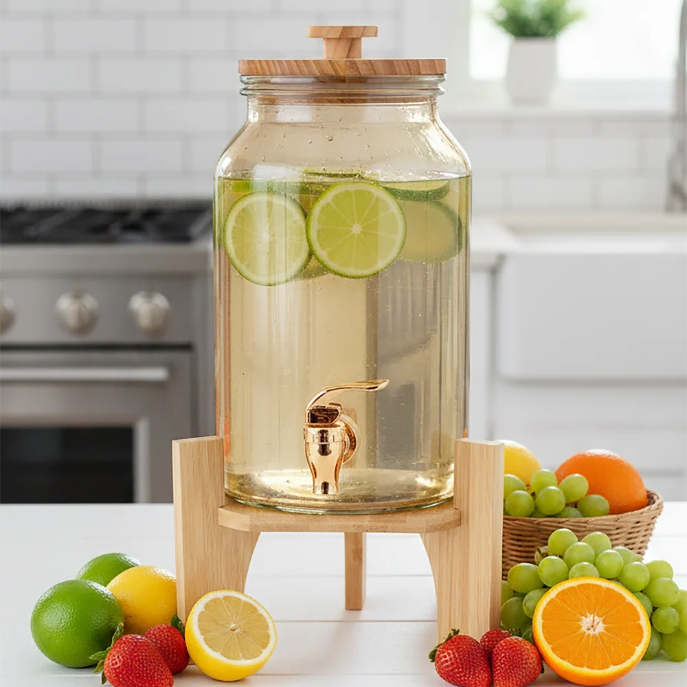 Velar Glass Dispenser with Tap and Wooden Stand 4L Amber Colour – Set of 1 Pc